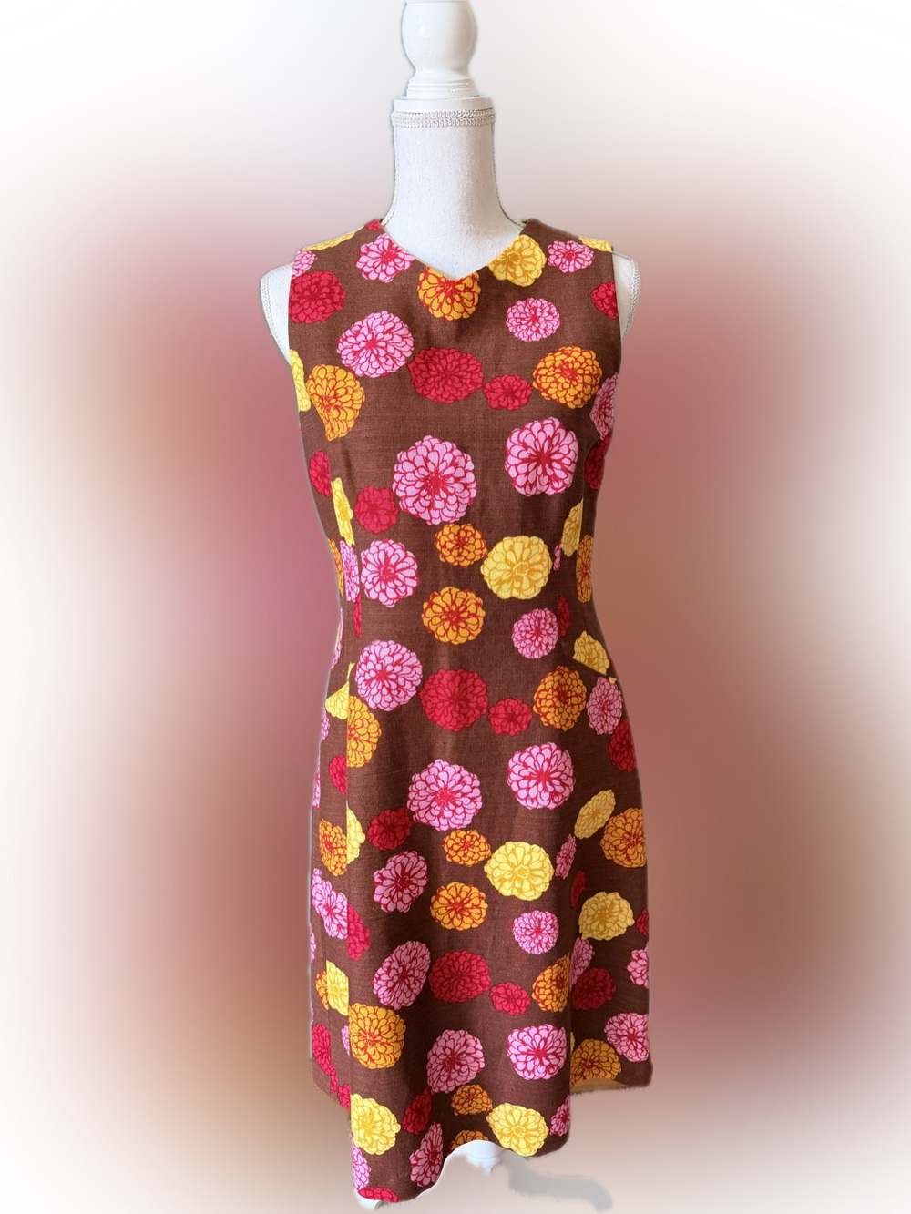 Vintage Barneys New York Italy Linen Cotton Floral Shift Dress Brown Size 12